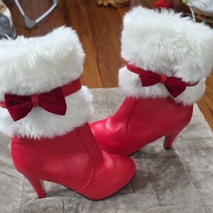 Red Ankle Boots with Faux Fur Trim